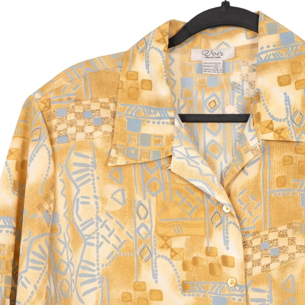 Voir Collection VTG Button Up Shirt XL Womens Yellow Blue Geometric Short Sleeve - Picture 2 of 5